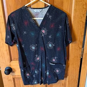 Cherokee Black Scrub Top with Colorful Floral Pattern
